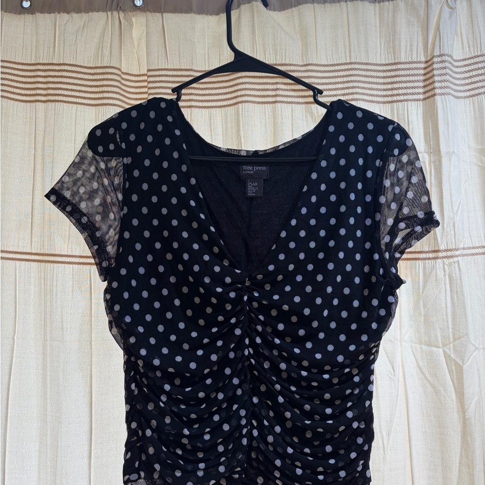 free press Black Polka Dot Ruched Short Sleeve Crop Top
